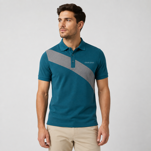 Polo de Manga Corta Color Verde Azulado para Hombre con Raya Diagonal Gris, Logotipo Personalizado en el Frente, Tejido Transpirable de Algodón, Estilo Casual - Product Image 1