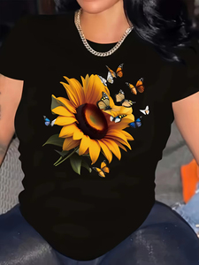 เสื้อยืดพิมพ์ลายผีเสื้อและดอกทานตะวันสีดำสำหรับผู้หญิง เสื้อทรงกึ่งทางการ สีเหลืองสดใสลายดอกทานตะวันและผีเสื้อสีน้ำตาล ทรงหลวมไหล่ตก - Product Image 5