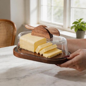 Premium Quality Wooden And Glass <b>Lid</b> Butter Dish Perfect For Display And Gifting <b>Decorative</b> Tableware Butter Keeper From India - Product Image 5
