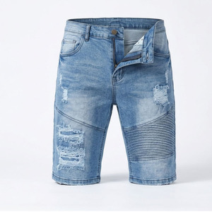 Shorts en jean déchirés pour hommes, coupe droite, style décontracté d'été, taille mi-haute, en coton bleu - Product Image 2