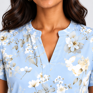 Women's Light Blue Floral Midi <b>Dress</b> Short Sleeve Split Neck Tiered A-Line <b>Pocket</b> Casual Summer <b>Dress</b> Wholesale OEM ODM Clothing - Product Image 4