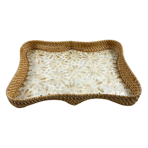 Plateau en rotin ondulé fait à la main, élégant, vintage, rustique, de haute qualité, avec incrustation florale en capiz, plateau de service décoratif en MDF, motif géométrique - Product Image 1
