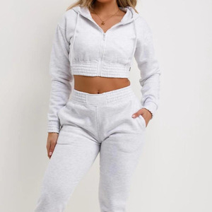 Women's <b>White</b> Hooded Cropped Zip-Up Sweatshirt And Full-Length <b>Jogger</b> Pants Tracksuit Set Casual Solid Color Autumn Wear - Product Image 5