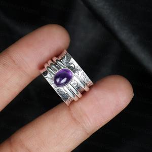Vintage Boho Sterling <b>Silver</b> Amethyst Spinner <b>Ring</b> for Women – Handmade <b>Adjustable</b> Meditation Band Ethnic Engraved Jewelry - Product Image 3