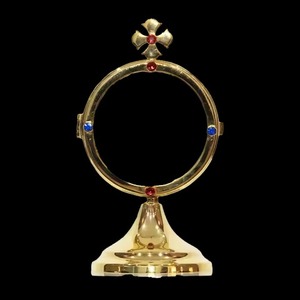 Miroir Monstrance Rond Traditionnel en Laiton avec Croix et Accents de Pierres Précieuses, Décoration de Table pour Mariage et Église - Product Image 1
