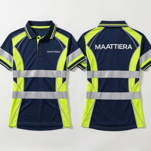 Polo de sécurité réfléchissant bleu marine et jaune fluo pour homme, avec empiècements contrastants, manches courtes, vêtements de travail, fournisseur en gros personnalisé - Product Image 5