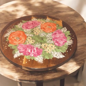 Plateau rond en bois Lazy Susan, motif végétal peint à la main, style bohème, plateau de service fait main - Product Image 4