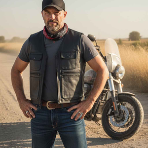 Gilet de moto en cuir de vachette pour homme, sans manches, style motard, avec poches utilitaires, pour club de motards - Product Image 6