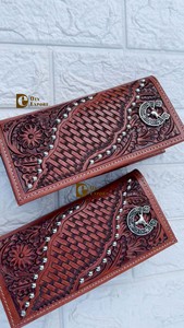 Premium Western Turquoise Accent <b>Leather</b> Wallet Handcrafted Western Style <b>Tooled</b> <b>Leather</b> Long Wallet - Product Image 4