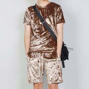 custom summer <b>velvet</b> two piece casual outfit breathable button <b>shirt</b> elastic shorts wholesale unisex <b>velvet</b> <b>shirt</b> and short fash - Product Image 1