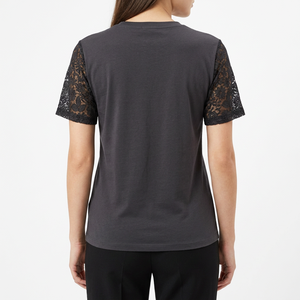 Camiseta de Verano para Mujer, Cuello Redondo, Manga Corta, Color Sólido, con Mangas de Encaje, Transpirable, Tejida, Informal - Product Image 2