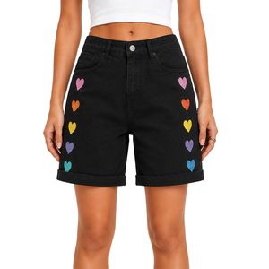Shorts de Mezclilla para Mujer con Bordado de Corazón Arcoíris Negro, Cintura Alta, Corte Holgado Informal, Dobladillo Enrollado, Algodón, Moda Verano - Product Image 1