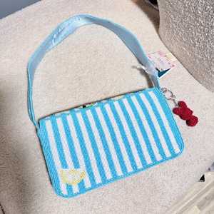 Bolso Rectangular Bordado a Mano de Algodón YUCI con Diseño de Mariscos y Limón, Bolso de Lona Azul a Rayas - Product Image 3