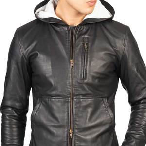 Veste à capuche en cuir noir pour homme avec doublure blanche - Product Image 1