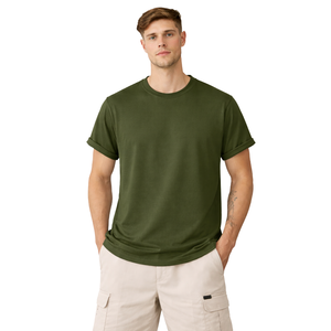 Camiseta de Hombre Verde Oliva, Mezcla de Algodón, Cuello Redondo, Casual, de Verano, Manga Corta, para Comodidad Diaria - Product Image 1