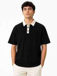 Premium Men's Black Polo T <b>Shirt</b> Contrast White Collar Cotton <b>Half</b> Sleeve Polo Tee Casual Smart Casual Golf <b>Shirt</b> <b>Button</b> Placket - Product Image 1