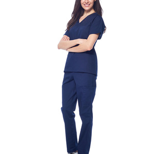 Conjunto de uniforme médico azul marino para mujer, blusa con cuello en V y bolsillos, pantalones con cintura elástica, uniforme de hospital, ropa de trabajo médica - Product Image 3