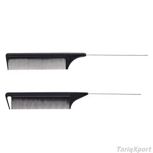 Peine de peluquería profesional duradero para salón, de plástico con dientes finos, para trenzar, teñir y seccionar, con púa de metal de acero inoxidable. - Product Image 4