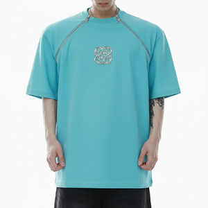 T-shirt oversize en coton pour homme, style streetwear, avec double fermeture éclair et badge métallique personnalisé, été, haute qualité - Product Image 1