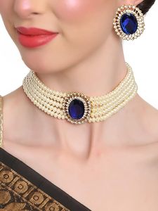 Parure de bijoux de mariée classique en alliage plaqué or rose avec perles d'imitation, collier, boucles d'oreilles et diadème, ornée de cristaux bleus pour femme - Product Image 5