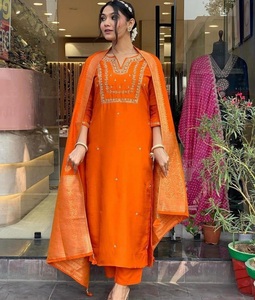 Orange Embroidered Sequins Work <b>Kurta</b> Pant Set Dupatta <b>Women</b> Indian Pakistani Traditional Casual Wedding Wear Regular Fit Ankle - Product Image 1