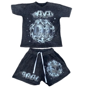 Ensemble T-shirt et Short en Coton Pur 360 Grammes pour l'Été, Vente en Gros Fabricant, Couleur Noire Personnalisée, Effet Délavé à l'Acide - Product Image 1