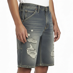 Nuevos shorts de mezclilla rectos transpirables para hombre, estilo vintage, desgastados, rasgados, estilo urbano, holgados, con dobladillo sin rematar, media pantalón, Colección Verano 2026 - Product Image 1