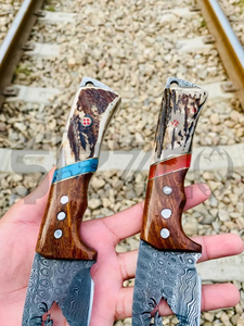 Cuchillo de caza OEM Wirecut de acero de Damasco, tipo Skinner, con mango de asta de ciervo, gancho para desollar, hoja fija, para camping, actividades al aire libre y EDC, con funda de cuero - Product Image 4