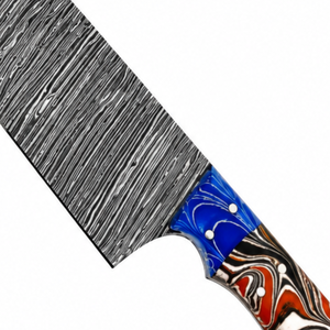 Couteau de chef à manche multicolore bleu, rouge, orange, motif Damas, lame longue gris argenté, outil de découpe et de hachage de viande pour la cuisine - Product Image 6
