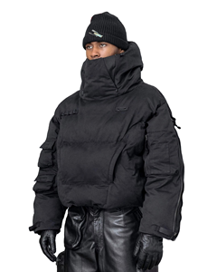 Veste d'hiver matelassée pour homme de haute qualité, col montant, capuche, fermeture éclair, masque intégré, plusieurs poches, noire, légère, logo personnalisé - Product Image 2