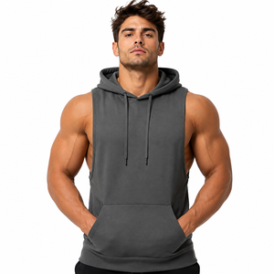 Men's Eco-Friendly 100% Cotton Sleeveless Gym <b>Hoodie</b> Muscle Fit Workout Pullover Athletic Training Hooded Tank Top Kangaroo - Product Image 1