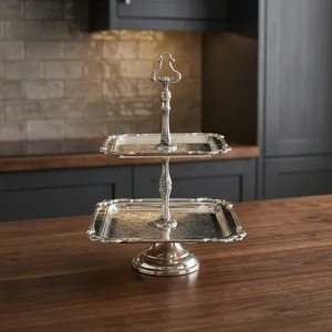 Plateau de service à 2 niveaux en argent de luxe, support à gâteau élégant en métal, plateau de présentation de desserts pour fête de thé, mariage, décoration de la maison - Product Image 2