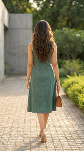 Green Sleeveless Polo Neck Midi <b>Dress</b> A-Line Woven Linen Cotton Casual Summer Breathable Solid Color Flared Hem - Product Image 5