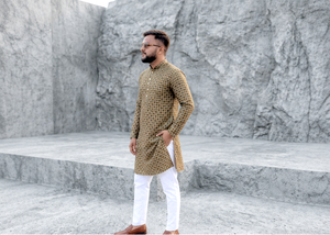 Conjunto Kurta Pathani para Hombre, Estampado Geométrico, Camisa Larga con Cuello Mandarín, Atuendo Étnico Indio Pakistaní - Product Image 3