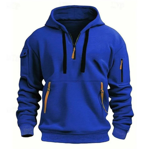 <b>Men's</b> <b>Burgundy</b> Quarter Zip <b>Hoodie</b> Regular Fit Solid Color Casual Knitted Sweatshirt with Pockets Autumn Wear - Product Image 4