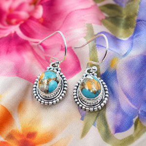 Natural Oyster Turquoise Teardrop <b>Dangle</b> <b>Earrings</b> 925 Sterling Silver Vintage Boho Handmade Gemstone Jewelry Gift - Product Image 6