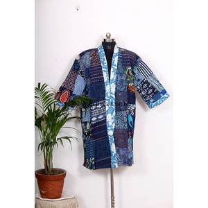 Kimono de Seda Hecho a Mano en India, Chaquetas Vintage Kantha para Mujer, Bata de Retazos, Kimono, Vestido Largo de Noche, Batas de Algodón, Kimono - Product Image 3