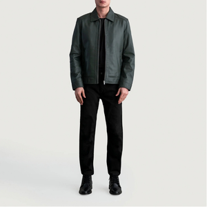 Custom <b>Mens</b> Dark Green Real Leather Jacket Classic Collar Zip Up <b>Coat</b> OEM Private Label Clothing Manufacturer Wholesale Supplier - Product Image 6