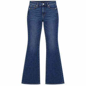 Jean évasé taille haute pour femme, en denim bleu foncé, coupe décontractée, longueur complète, en coton délavé - Product Image 1