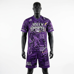 Ensemble short et maillot de football pour homme en maille respirante GSM, avec empiècements en mesh violet et logo thermocollé. - Product Image 4