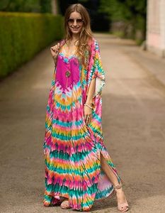 Vestido maxi tie-dye para mujer, cuello redondo, manga corta, corte holgado, estilo bohemio, ropa de playa de verano, material de rayón, dobladillo con abertura - Product Image 6