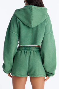Conjunto de Sudadera Corta Oversize Verde con Estampado y Lavado Ácido para Mujer, Ajuste Holgado, Cremallera Frontal, Hombros Caídos, Casual, Ecológico - Product Image 4