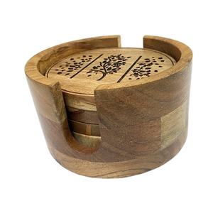 Venta caliente Nueva llegada Posavasos de madera Diseño de hojas y árboles Juego redondo de 4 Alfombrillas y almohadillas de precio al por mayor - Product Image 4