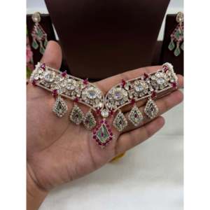 Indian Bridal Gold Plated Mohini Moissanite Choker Necklace & Earring Set - Product Image 3