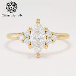 Bague de fiançailles classique pour femme Charm_Jewells en argent plaqué or 10 carats avec moissanite taille coussin sertie à griffes, motif floral, certifiée IGI - Product Image 1