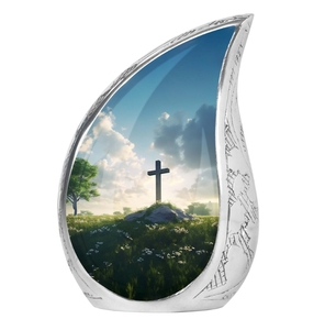 Urna Funeraria Luminosa Royal Meadow en Forma de Lágrima en Turquesa, Azul y Dorado Vibrantes – Urna Conmemorativa de Metal Hecha a Mano - Product Image 3