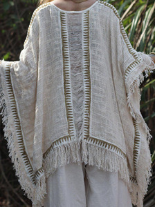 Handwoven Cream Cotton <b>Poncho</b> Kaftan Top with Olive Green Geometric Embroidery & Distressed Fringe Trim - Product Image 5
