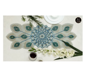 White And Sky Blue Flower & Leaf Design <b>Beaded</b> Table Runner Use For Decoration Buy Direct From Supplier At Bulk - Product Image 1