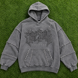 เสื้อฮู้ดดี้โอเวอร์ไซส์สีเทาวินเทจสำหรับผู้ชาย ลายกราฟิก ผ้าฝ้าย สไตล์สตรีทแวร์ ปักลายด้วยคริสตัล แต่งดีเทลขาดๆ - Product Image 6