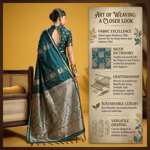 Sari de satén verde puro de diseñador, tejido a mano, con trabajo de zari dorado |   Elegante Saree Tradicional Festivo para Bodas para Mujeres - Product Image 4